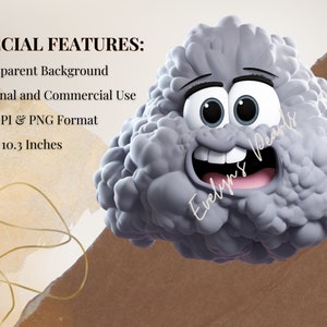 May include: A cartoon gray cloud with a smiling face and large eyes. The cloud is 10.3 inches by 10.3 inches and has a transparent background.