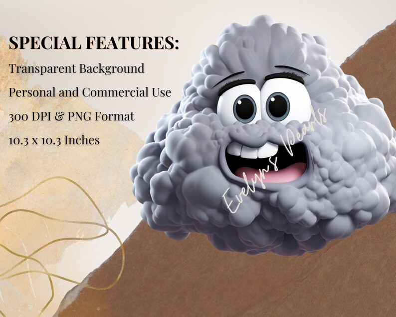 May include: A cartoon gray cloud with a smiling face and large eyes. The cloud is 10.3 inches by 10.3 inches and has a transparent background.