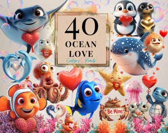 Ocean love Clipart Valentine's Day PNG Sea Life Clipart Sea Creatures PNG Under The Sea Clipart Valentine PNG Card | Commercial Use Clipart