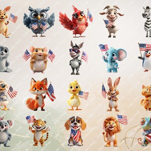 A variety of cute animals including a zebra, tiger, and alligator holding small American flags, posed together for a vibrant patriotic celebration.