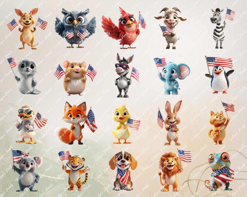A variety of cute animals including a zebra, tiger, and alligator holding small American flags, posed together for a vibrant patriotic celebration.