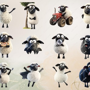 May include: A set of 10 cartoon sheep stickers featuring different expressions and activities. The sheep are white and black with various accessories, including a chef's hat, a superhero cape, and a pizza.
