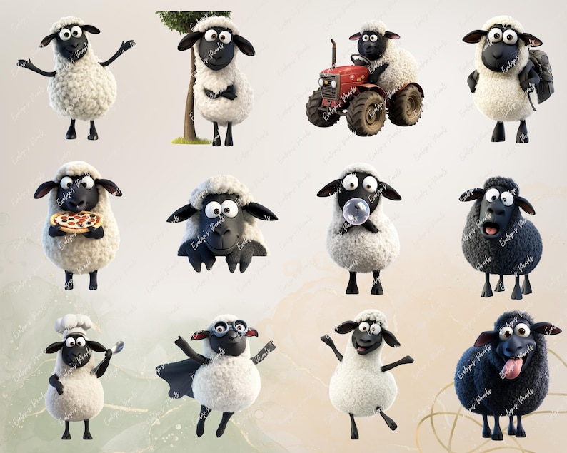 May include: A set of 10 cartoon sheep stickers featuring different expressions and activities. The sheep are white and black with various accessories, including a chef's hat, a superhero cape, and a pizza.