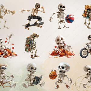 May include: A collection of ten skeleton figures in various poses and activities, including skateboarding, riding a motorbike, playing basketball, and relaxing on a beach chair. The skeletons are all white with black details and are set against a light beige background.