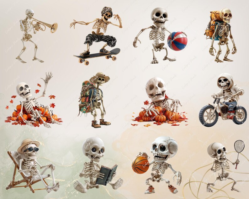 May include: A collection of ten skeleton figures in various poses and activities, including skateboarding, riding a motorbike, playing basketball, and relaxing on a beach chair. The skeletons are all white with black details and are set against a light beige background.