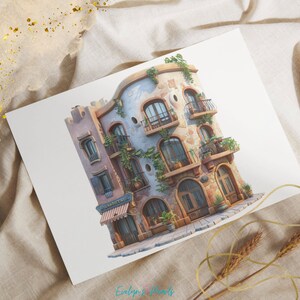 May include: A whimsical illustration of a multi-story building with a curved facade. The building is painted in shades of blue, pink, and brown, with a white awning over the entrance. The building is adorned with vines and flowers, and has a charming, rustic feel.