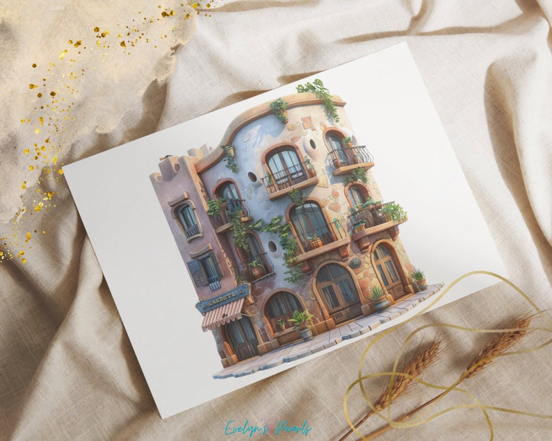 May include: A whimsical illustration of a multi-story building with a curved facade. The building is painted in shades of blue, pink, and brown, with a white awning over the entrance. The building is adorned with vines and flowers, and has a charming, rustic feel.