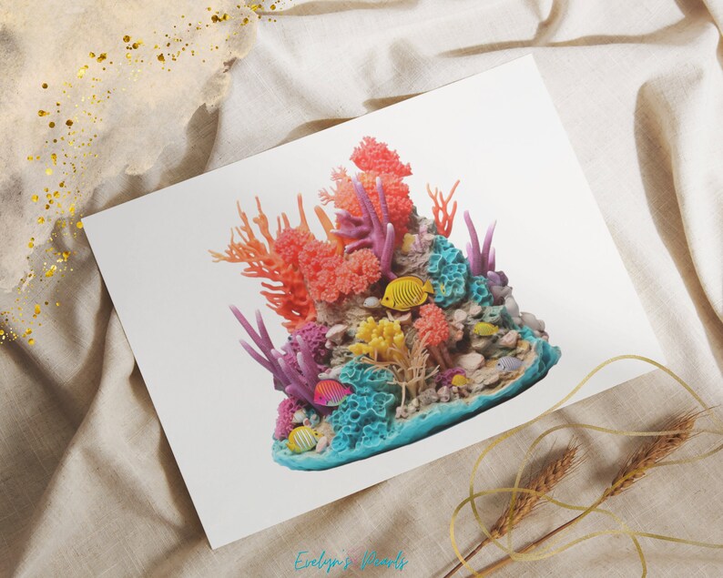 May include: A colorful coral reef scene with pink, orange, and blue coral, and yellow and orange fish. The coral reef is on a blue base with a white background.