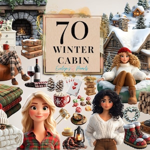 May include: A digital art collage with the text "70 WINTER CABIN Evelyn's Pearls". The image features illustrations of cozy winter scenes, including cabins, blankets, and characters. There are also illustrations of a fireplace, wine, and playing cards.