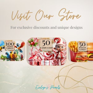May include: A collage of digital art featuring three different sets of 50 digital downloads. The first set features 100 Amazon parrots, the second set features 50 candy canes, and the third set features 50 burgers and fries. The text "Evelyn's Pearls" is at the bottom of the image.