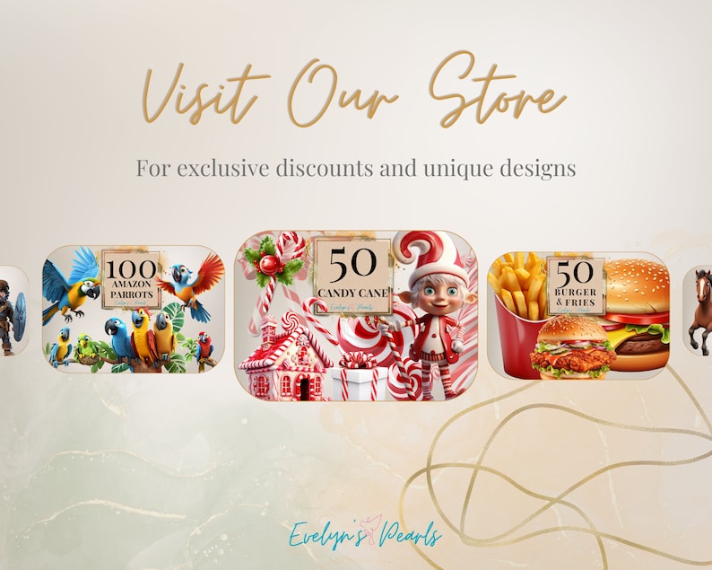 May include: A collage of digital art featuring three different sets of 50 digital downloads. The first set features 100 Amazon parrots, the second set features 50 candy canes, and the third set features 50 burgers and fries. The text "Evelyn's Pearls" is at the bottom of the image.