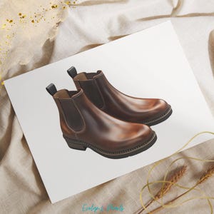 May include: A pair of brown leather ankle boots with elastic side panels. The boots have a rounded toe and a low heel.