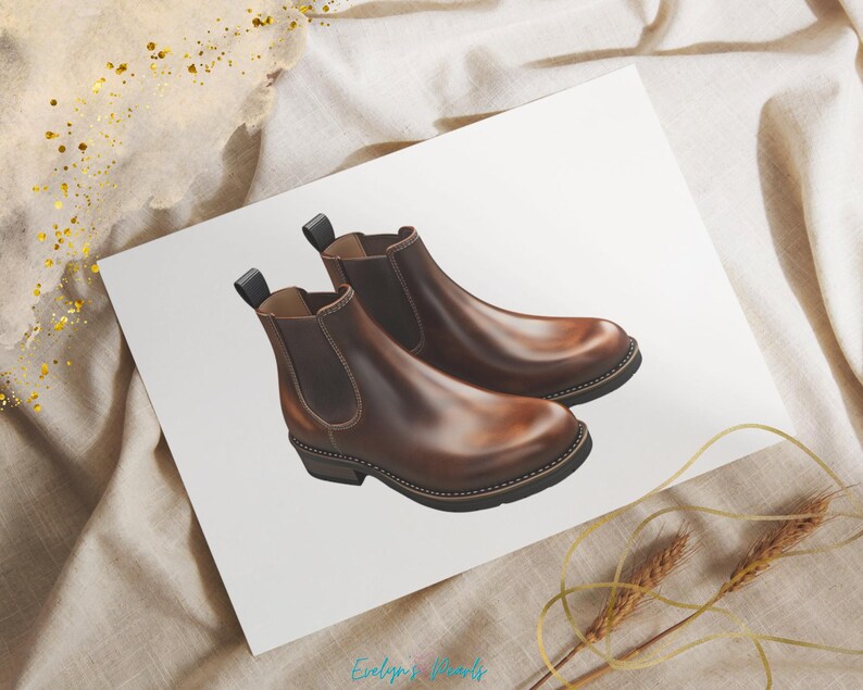 May include: A pair of brown leather ankle boots with elastic side panels. The boots have a rounded toe and a low heel.