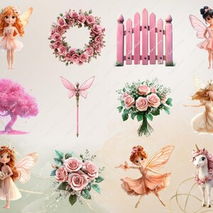 K&ouml;nnte beinhalten: Ein digitales Clipart-Set mit rosa Feen-Illustrationen, einem rosa Einhorn, einem rosa Blumenkranz, einem rosa Lattenzaun, einem rosa Blumenstrau&szlig;, einem rosa Baum und einem rosa Feenstab.