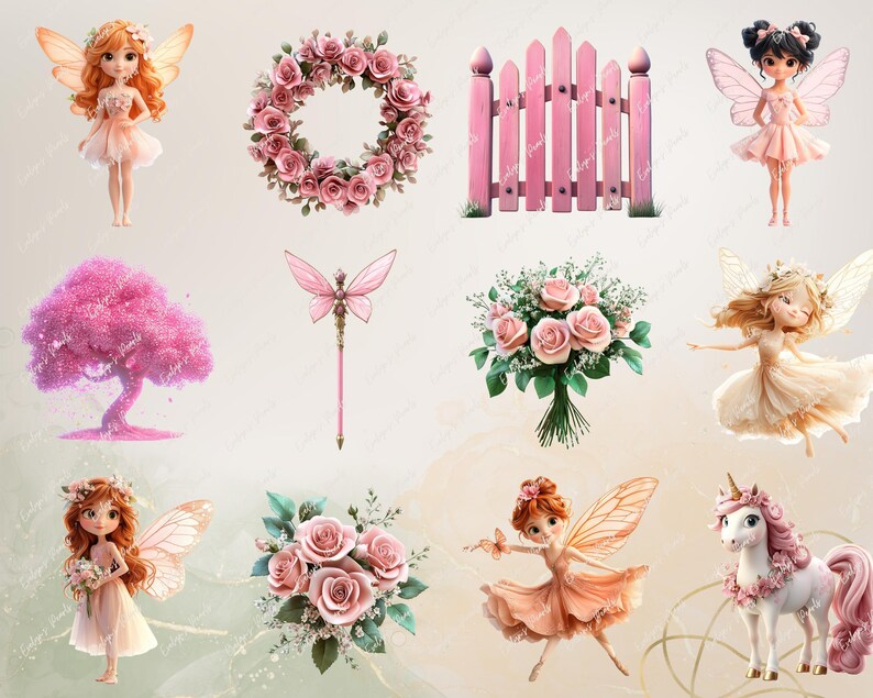 K&ouml;nnte beinhalten: Ein digitales Clipart-Set mit rosa Feen-Illustrationen, einem rosa Einhorn, einem rosa Blumenkranz, einem rosa Lattenzaun, einem rosa Blumenstrau&szlig;, einem rosa Baum und einem rosa Feenstab.