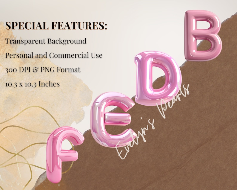 Op de afbeelding: Roze, glanzende, 3D-letters die "FED" en "B" spellen op een bruine achtergrond. De letters zijn 10,3 inch bij 10,3 inch en zijn in PNG-formaat.