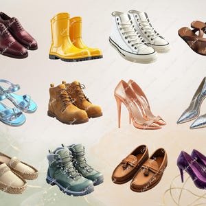 May include: Assortment of footwear including sandals, boots, sneakers, loafers, and rain boots in various colors and styles.