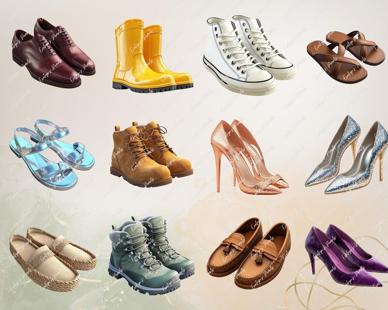 May include: Assortment of footwear including sandals, boots, sneakers, loafers, and rain boots in various colors and styles.