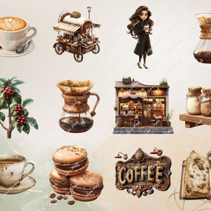 May include: A collection of coffee-themed illustrations, including a coffee cart, a coffee shop, a coffee maker, a cup of coffee, coffee beans, macarons, and a sign that says "COFFEE".