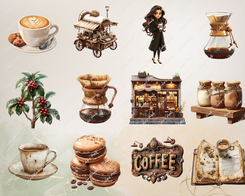 May include: A collection of coffee-themed illustrations, including a coffee cart, a coffee shop, a coffee maker, a cup of coffee, coffee beans, macarons, and a sign that says "COFFEE".