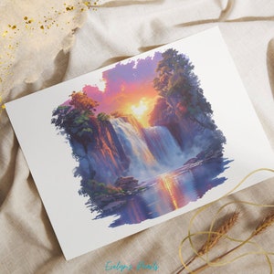 May include: A painting of a waterfall cascading down a cliff face, surrounded by lush green trees. The sun is setting behind the waterfall, casting a warm glow on the scene.