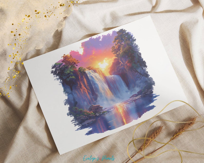 May include: A painting of a waterfall cascading down a cliff face, surrounded by lush green trees. The sun is setting behind the waterfall, casting a warm glow on the scene.