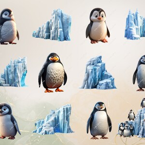 Puede incluir: Una ilustraci&oacute;n digital de ping&uuml;inos de pie sobre icebergs. Los ping&uuml;inos son de estilo de dibujos animados y tienen plumas blancas y negras. Los icebergs son azules y blancos.