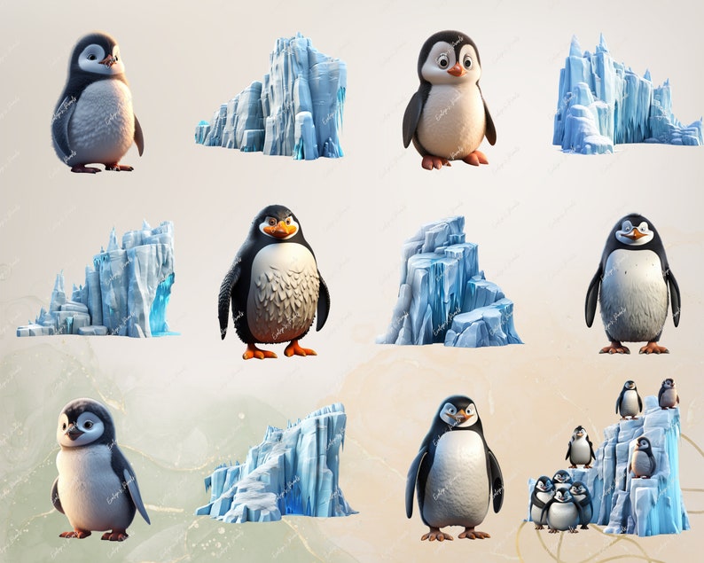 Puede incluir: Una ilustraci&oacute;n digital de ping&uuml;inos de pie sobre icebergs. Los ping&uuml;inos son de estilo de dibujos animados y tienen plumas blancas y negras. Los icebergs son azules y blancos.