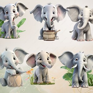 May include: A collection of six cartoon elephant illustrations in various poses. The elephants are primarily gray with pink accents, featuring large ears and trunks. Some are near foliage or drums, with friendly expressions.