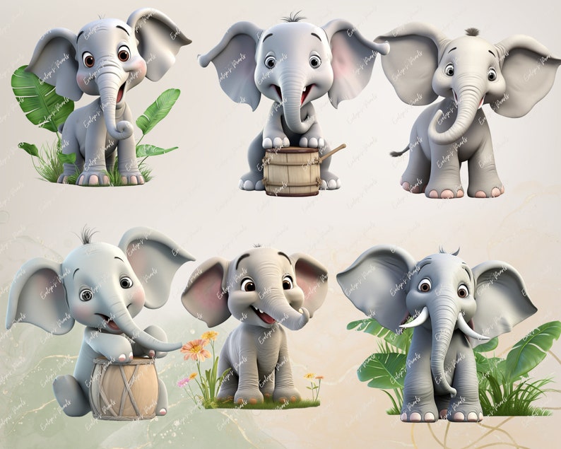 May include: A collection of six cartoon elephant illustrations in various poses. The elephants are primarily gray with pink accents, featuring large ears and trunks. Some are near foliage or drums, with friendly expressions.