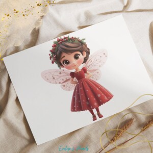 "Adorable holiday fairy character in a festive red dress with delicate wings and a holly wreath crown, set against a neutral background with golden accents."