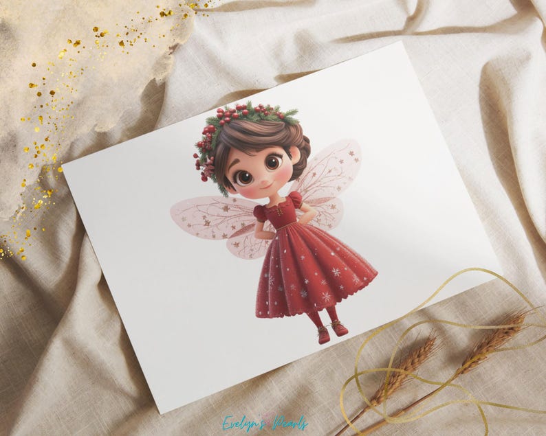 "Adorable holiday fairy character in a festive red dress with delicate wings and a holly wreath crown, set against a neutral background with golden accents."
