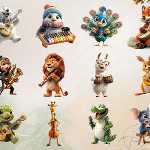 Alt Text 5:
A mix of forest and jungle animals like lions, penguins, peacocks, foxes, and turtles play colorful instruments including keyboards, xylophones, saxophones, and violins. Set on a soft gradient backdrop.