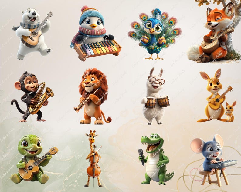Alt Text 5:
A mix of forest and jungle animals like lions, penguins, peacocks, foxes, and turtles play colorful instruments including keyboards, xylophones, saxophones, and violins. Set on a soft gradient backdrop.