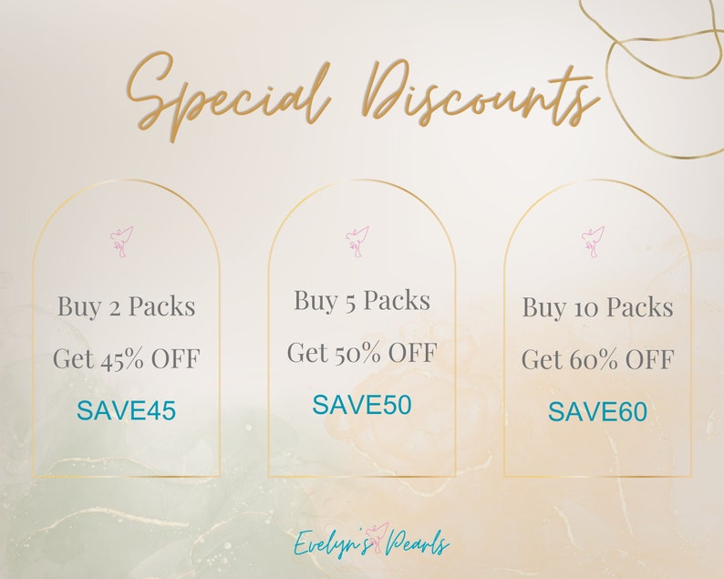 May include: A graphic with three arched sections, each with a pink bird icon. The text reads "Special Discounts" at the top. The sections list discounts for buying 2, 5, and 10 packs of a product. The text reads "Buy 2 Packs Get 45% OFF SAVE45", "Buy 5 Packs Get 50% OFF SAVE50", and "Buy 10 Packs Get 60% OFF SAVE60". The text "Evelyn's Pearls" is at the bottom.