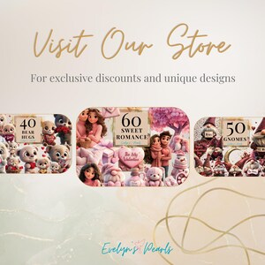 Op de afbeelding: Een collage van Valentijnsdag-sublimatiedesigns met gnomen, beren en een stel. De ontwerpen zijn gedrukt op witte sublimatieroze. De tekst op de ontwerpen luidt "40 Bear Hugs", "60 Sweet Romance" en "50 Gnomes".