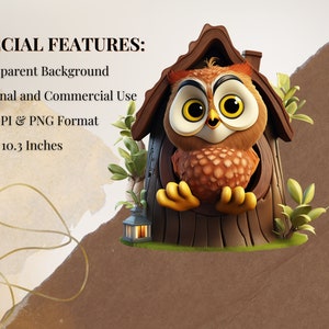 May include: A cartoon owl with large brown eyes peeks out of a wooden birdhouse. The birdhouse is surrounded by green leaves and a small lantern. The image has a transparent background.