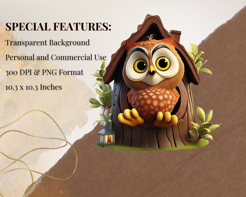May include: A cartoon owl with large brown eyes peeks out of a wooden birdhouse. The birdhouse is surrounded by green leaves and a small lantern. The image has a transparent background.