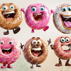 May include: Six cartoon donuts with different expressions and colors. The donuts are brown, pink, white, and have pink, brown, and white sprinkles. They are all standing on their feet and have arms and legs.