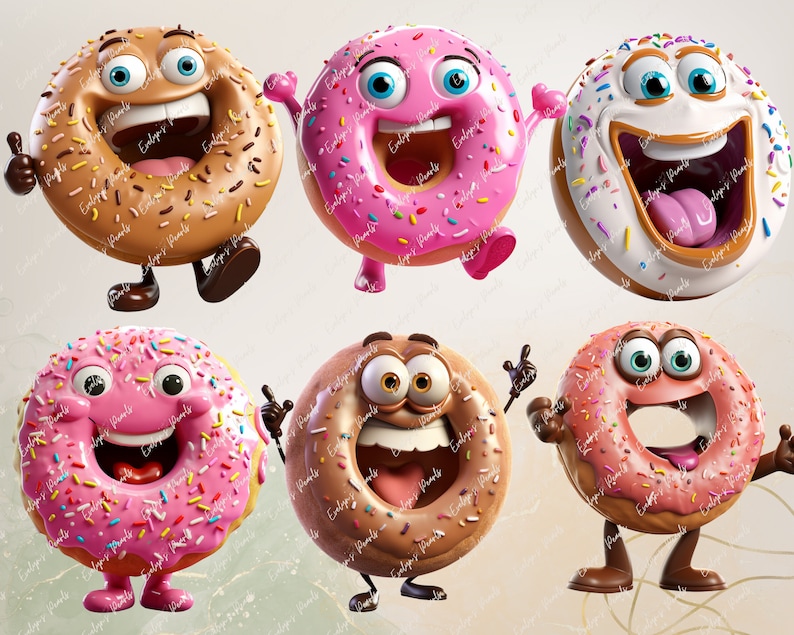 May include: Six cartoon donuts with different expressions and colors. The donuts are brown, pink, white, and have pink, brown, and white sprinkles. They are all standing on their feet and have arms and legs.