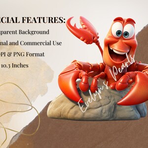 May include: A digital illustration of a red cartoon crab with a big smile, holding a rock in its claws. The crab has blue eyes and is sitting on a brown rock. The background is a light brown watercolor wash.