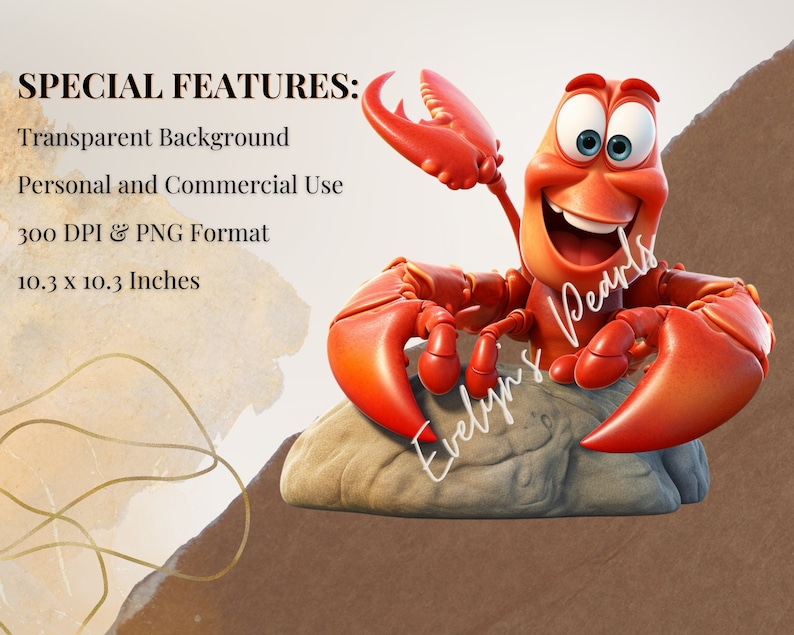 May include: A digital illustration of a red cartoon crab with a big smile, holding a rock in its claws. The crab has blue eyes and is sitting on a brown rock. The background is a light brown watercolor wash.