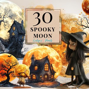 Op de afbeelding: Een digitale illustratieset van 30 griezelige maanafbeeldingen. De set bevat verschillende afbeeldingen van manen, huizen, bomen en een heks. De tekst "30 Spooky Moon" wordt weergegeven op een banner.