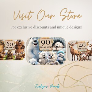 Puede incluir: Una ilustraci&oacute;n digital de un conjunto de tres dise&ntilde;os navide&ntilde;os con un castor, un oso polar y renos. Cada dise&ntilde;o incluye un n&uacute;mero, el nombre del animal y una imagen de dibujos animados del animal con su familia. Los dise&ntilde;os son perfectos para crear regalos navide&ntilde;os personalizados.