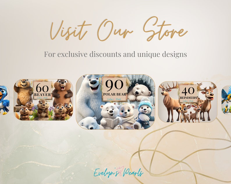 Puede incluir: Una ilustraci&oacute;n digital de un conjunto de tres dise&ntilde;os navide&ntilde;os con un castor, un oso polar y renos. Cada dise&ntilde;o incluye un n&uacute;mero, el nombre del animal y una imagen de dibujos animados del animal con su familia. Los dise&ntilde;os son perfectos para crear regalos navide&ntilde;os personalizados.