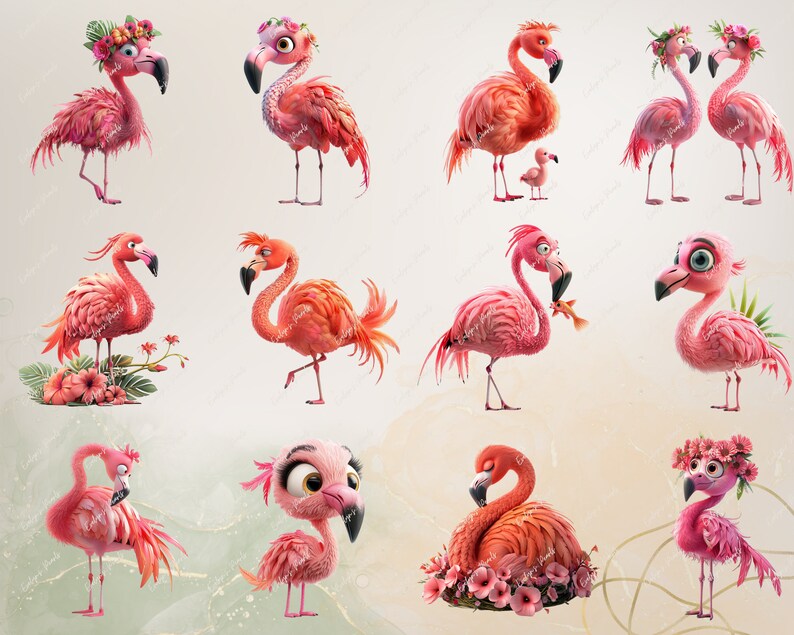 May include: A collection of 10 pink cartoon flamingos in various poses. Some flamingos are wearing flower crowns, while others are holding fish. The flamingos are on a white background.