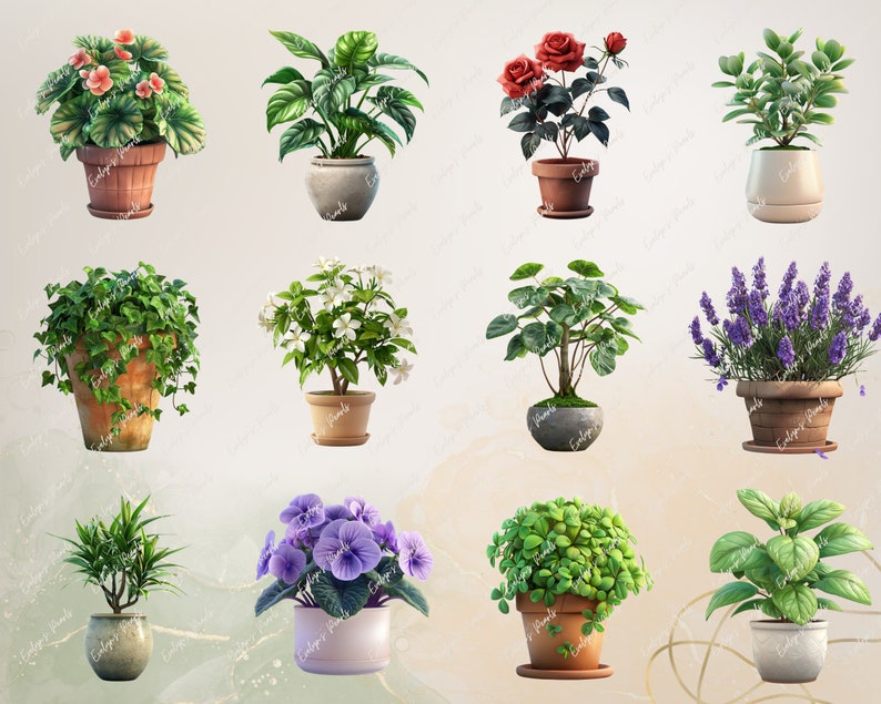 Puede incluir: Surtido de plantas en maceta, que incluye una planta verde de hoja, una planta de flor blanca, un rosal rojo, una planta de lavanda, una planta verde de hoja con una maceta blanca, una planta verde de hoja con una maceta marr&oacute;n, una planta verde de hoja con una maceta marr&oacute;n, una planta verde de hoja con una maceta marr&oacute;n, una planta de flor morada con una maceta blanca y una planta verde de hoja con una maceta marr&oacute;n.