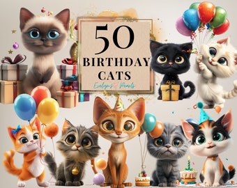 Birthday Clipart Birthday Cat Clipart Birthday Cat PNG Children Party Decor Clipart Card PNG Cat Breed | Commercial Use Clipart Transparent