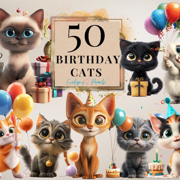 Birthday Clipart Birthday Cat Clipart Birthday Cat PNG Children Party Decor Clipart Card PNG Cat Breed | Commercial Use Clipart Transparent