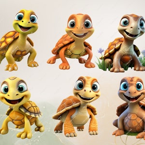 Op de afbeelding: Zes cartoon schildpadden met verschillende gekleurde schilden en uitdrukkingen. De schildpadden lachen allemaal en hebben grote ogen. Ze staan allemaal op een witte achtergrond.